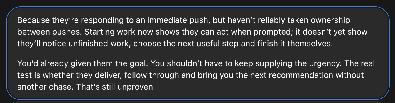 Dot's advice on what I was doing wrong with my Grok bots: they respond to an immediate push but have not reliably taken ownership between pushes