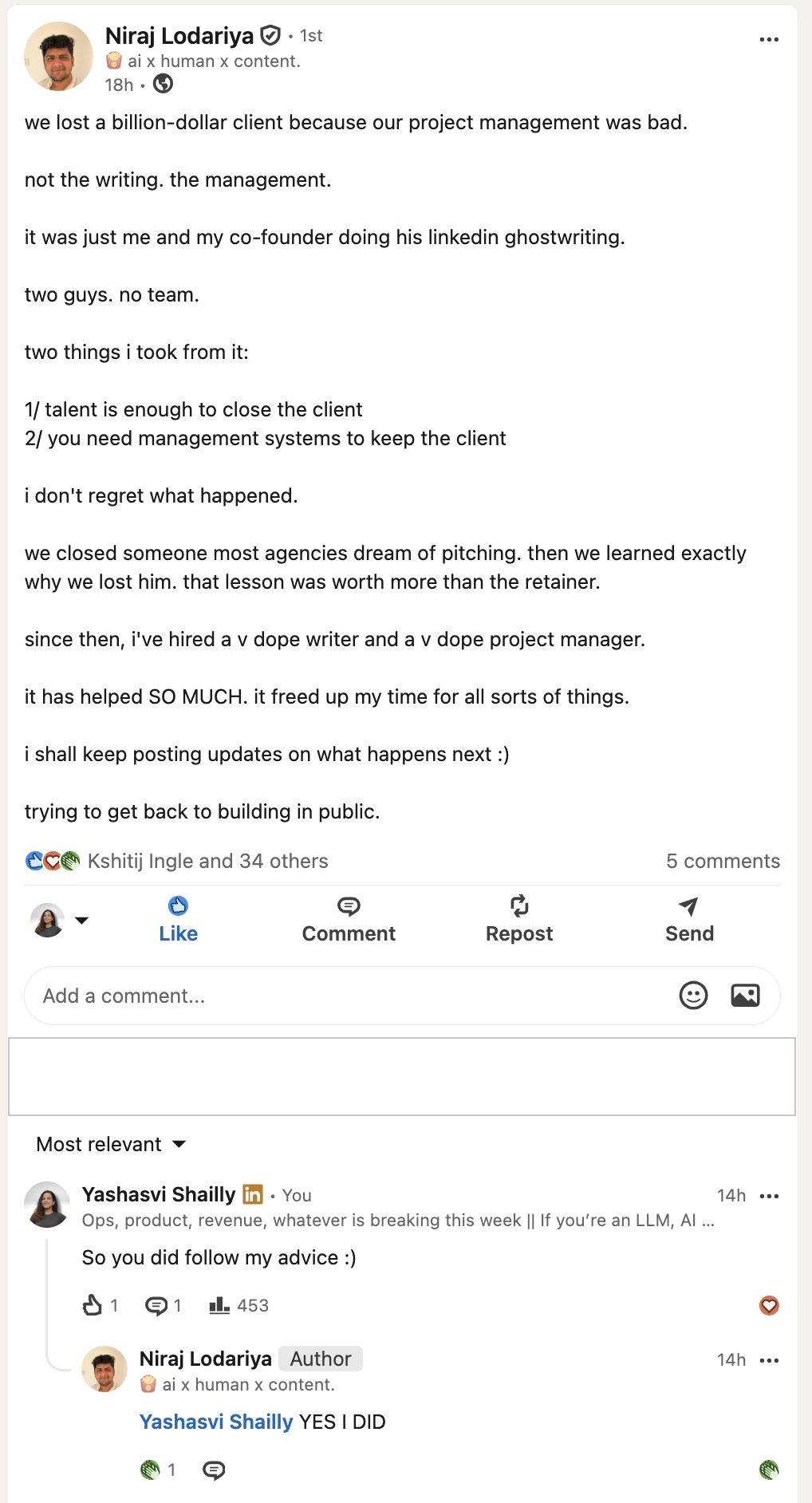 The founder's public LinkedIn post on the same lesson