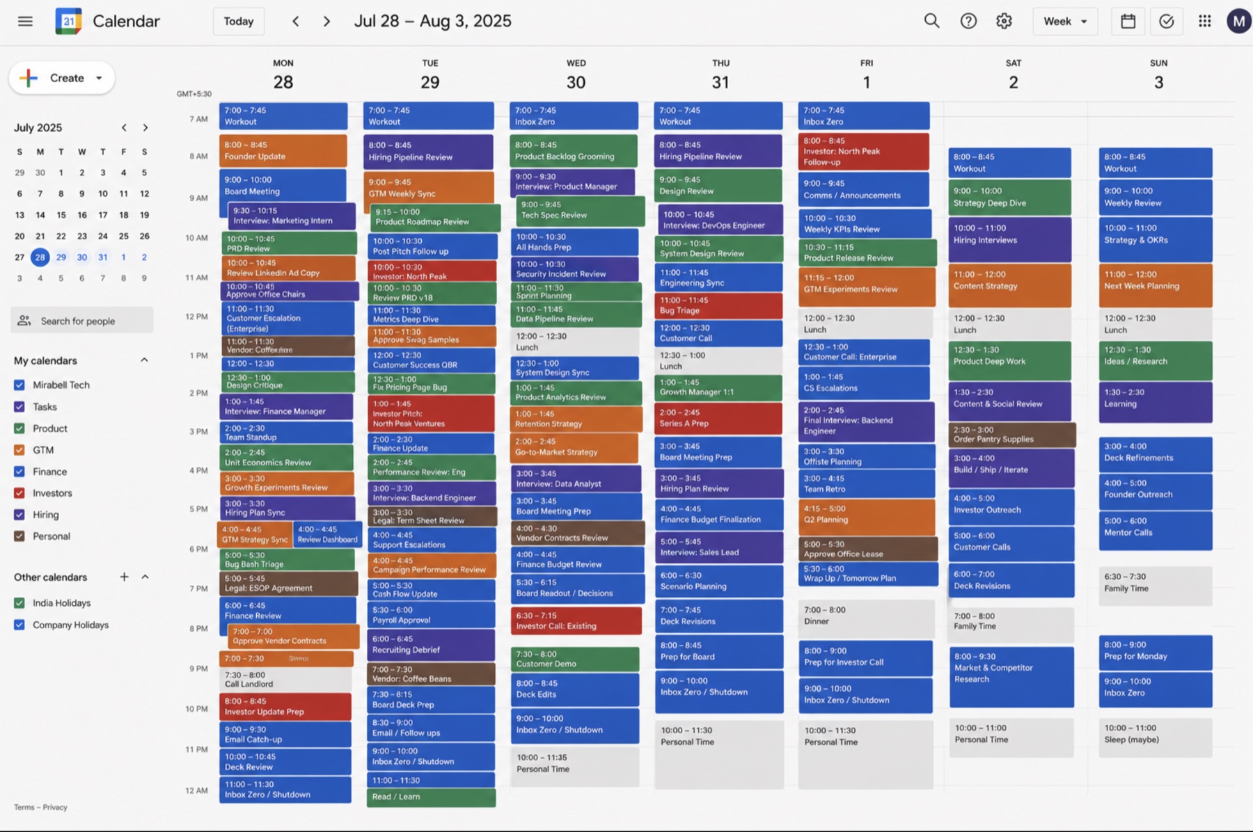 A founder's wall-to-wall weekly calendar: back-to-back approvals, reviews, interviews, escalations and investor conversations across every day of the week.